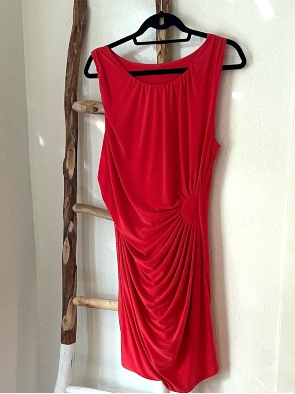 Last Tango Bright Coral Flattering Draped Stretch Jersey Mini Dress Lined - XL